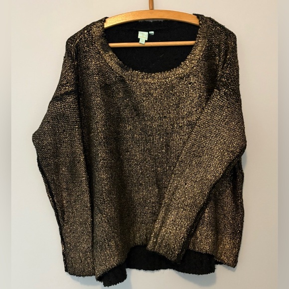 Shu Shu Woman’s  L/Xl Black Boucle and Gold Painted Pullover Sweater HiLo - Picture 1 of 4